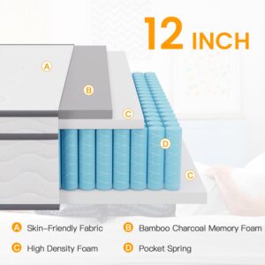 PayLessHere 12 Inch Innerspring Mattress in a Box with Bamboo charcoal Gel Memory Foam Fiberglass Free CertiPUR-US Certified Medium Firm Spring Mattress Pressure Relief,Queen