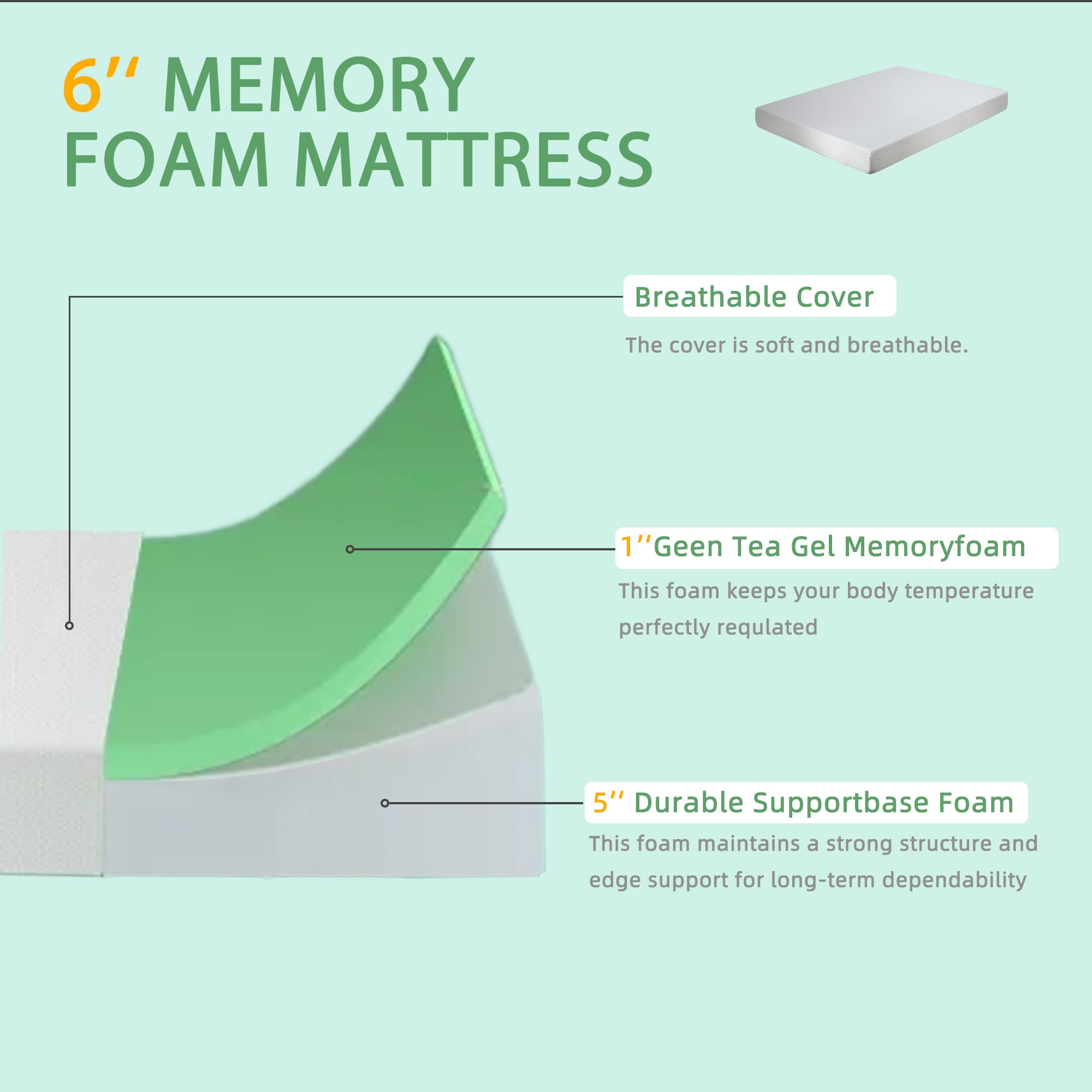 Haiput Wam Queen Mattress in a Box 12 Inch, Green Tea Mattress Certipur US Certified, Cool Gel Memory Foam Mattress Queen for Sleep and Pressure Relief