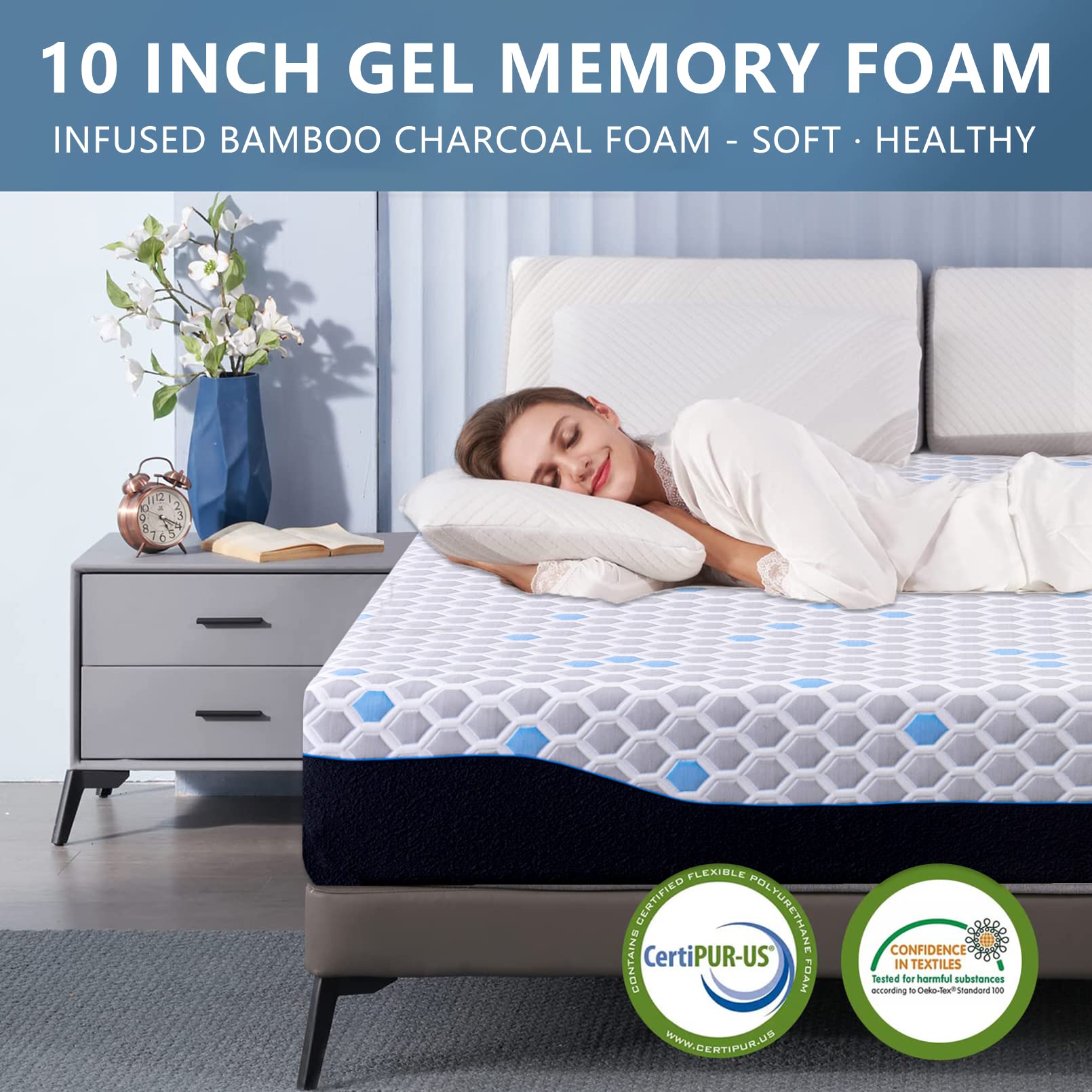 TMEOSK Queen Size Mattress, 10 Inch Gel Memory Foam Mattress with Infused Bamboo Charcoal, Mattress in a Box for Cool Sleep & Balance Support & Pressure Relief