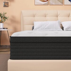 aicehome queen size mattress, 14 inch individual pocket springs with gel memory foam, medium firm mattress in a box, memory foam hybrid queen mattresses,pressure relief