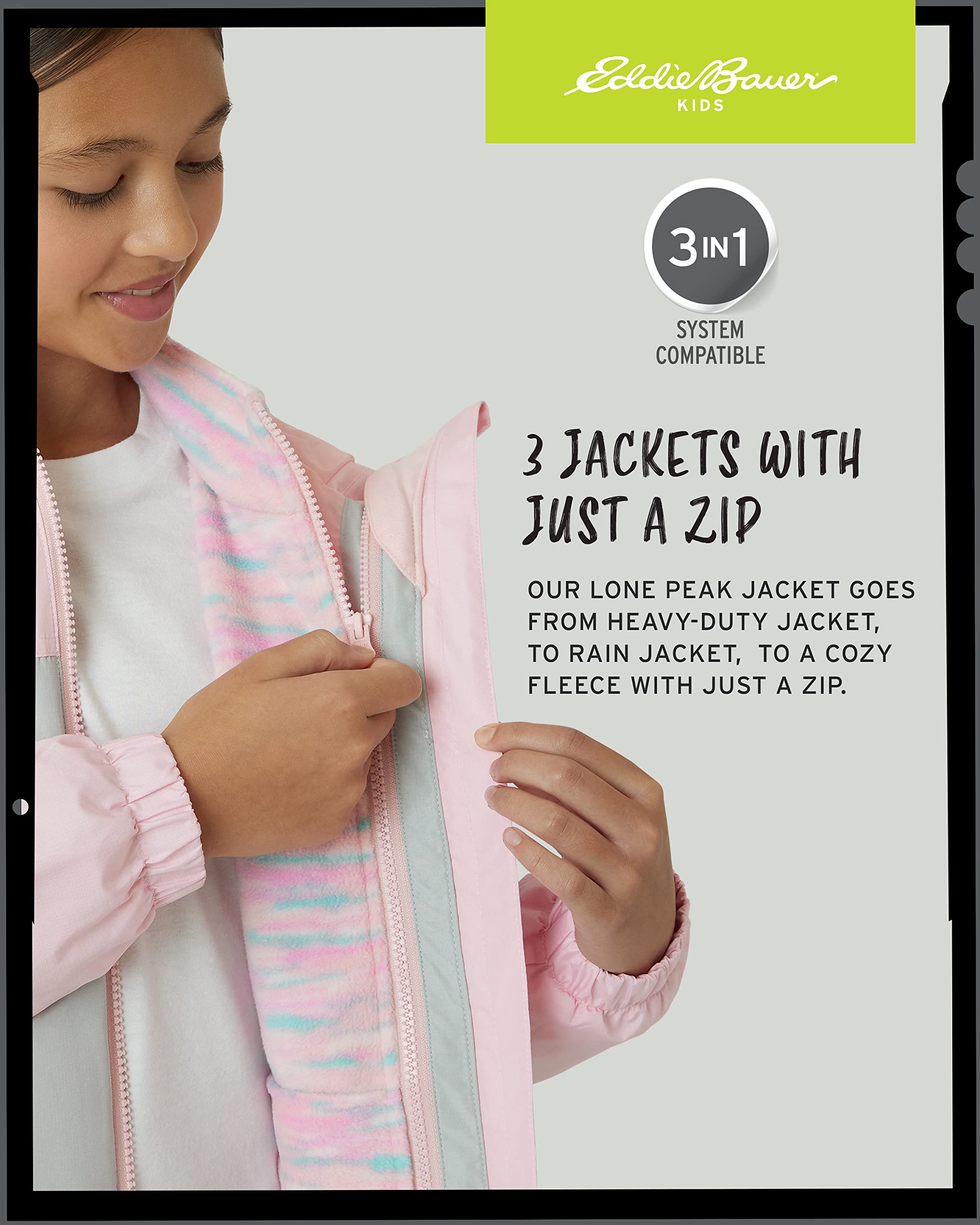 Eddie Bauer Girls' Rain Jacket - Lone Peak Waterproof 3 in 1 Insulated Windbreaker Coat with Removable Fleece Lining (5-20), Size 8, Soft Pink