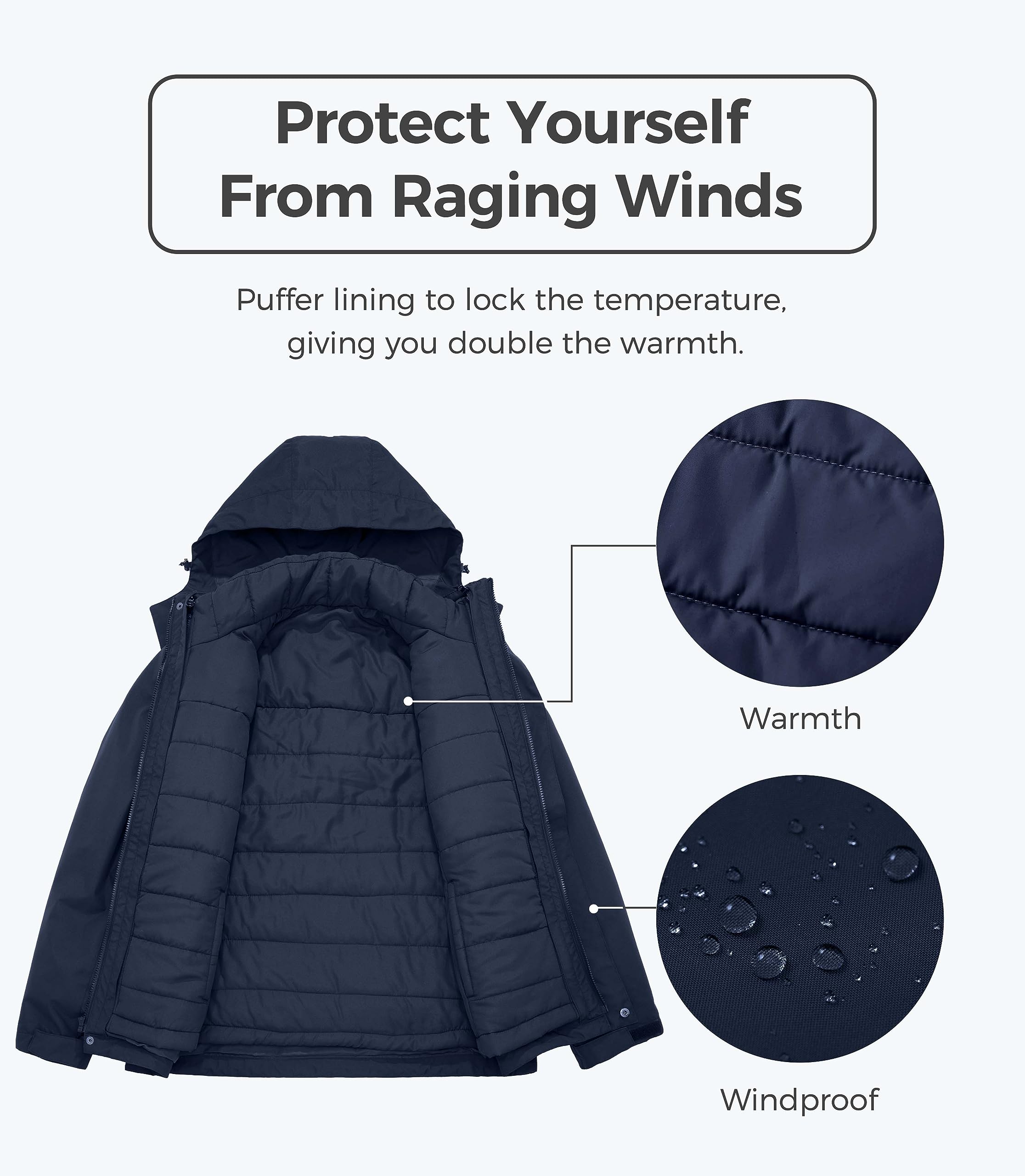 wantdo Men's Windproof Winter Coat Hoodie Puffer Jacket Quilted 3 in 1 jacket Navy XL