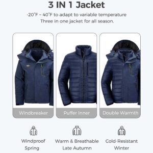 wantdo Men's Windproof Winter Coat Hoodie Puffer Jacket Quilted 3 in 1 jacket Navy XL