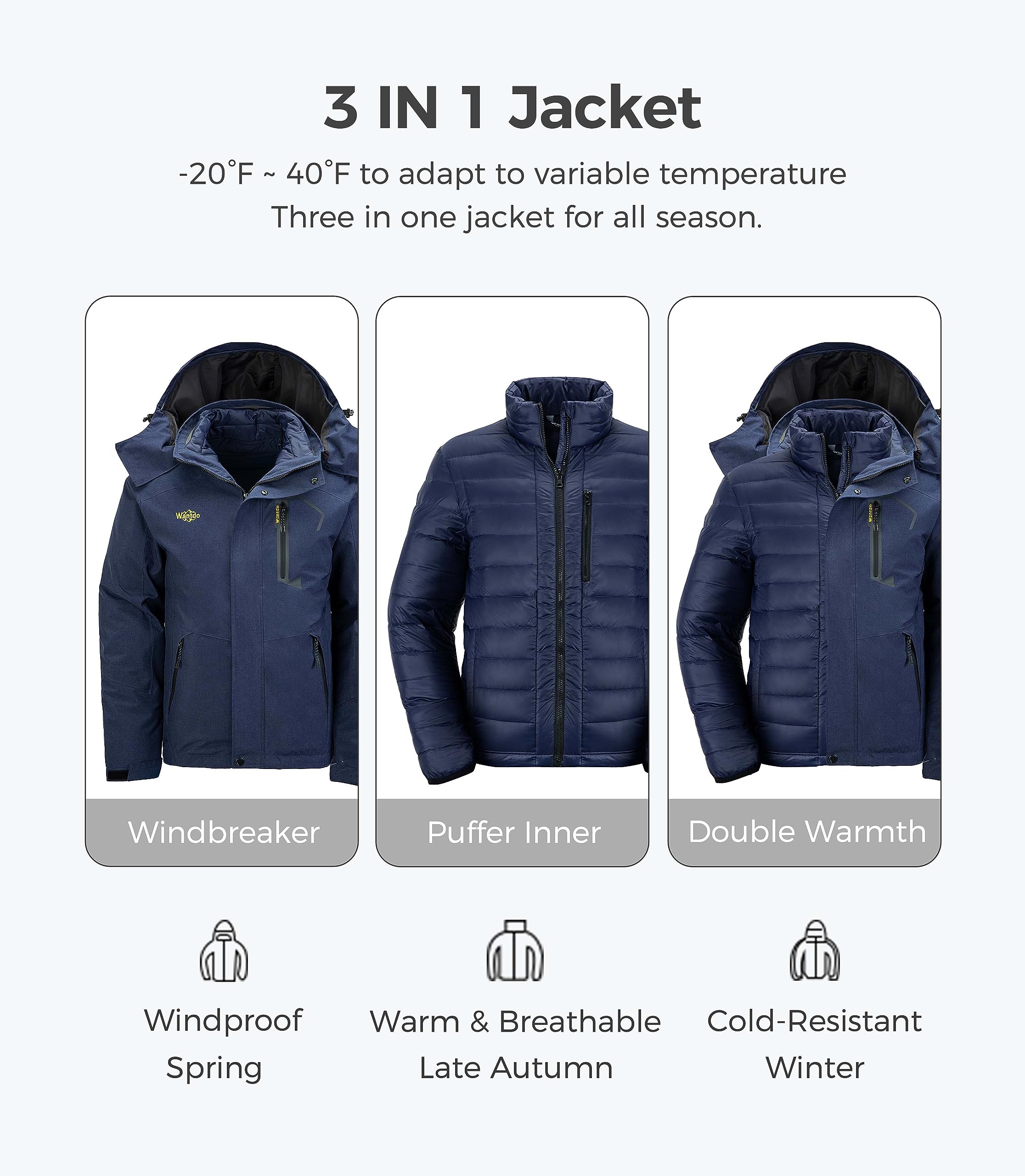 wantdo Men's Windproof Winter Coat Hoodie Puffer Jacket Quilted 3 in 1 jacket Navy XL