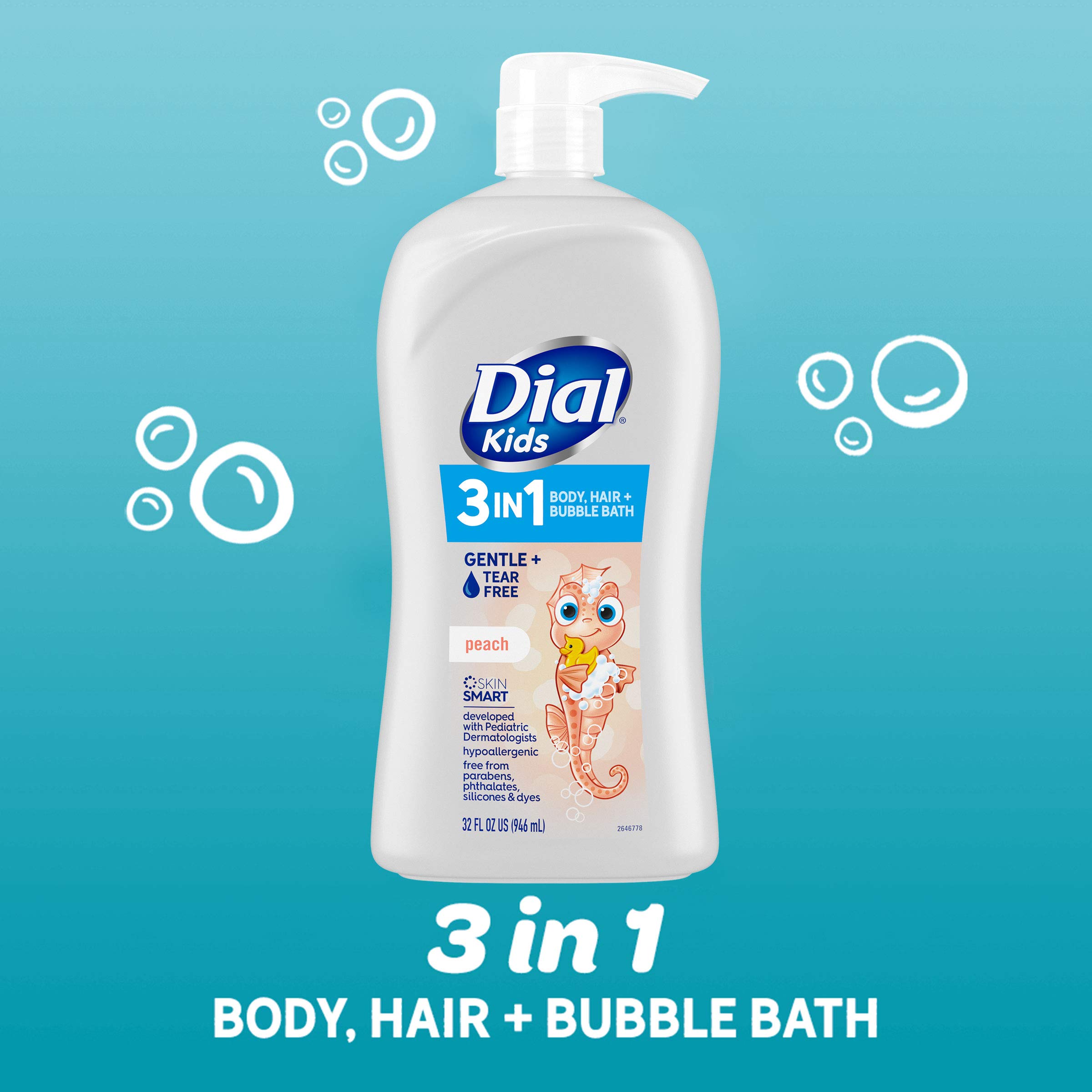 Dial Kids 3-in-1 Body+Hair+Bubble Bath, Peach, 32 fl oz