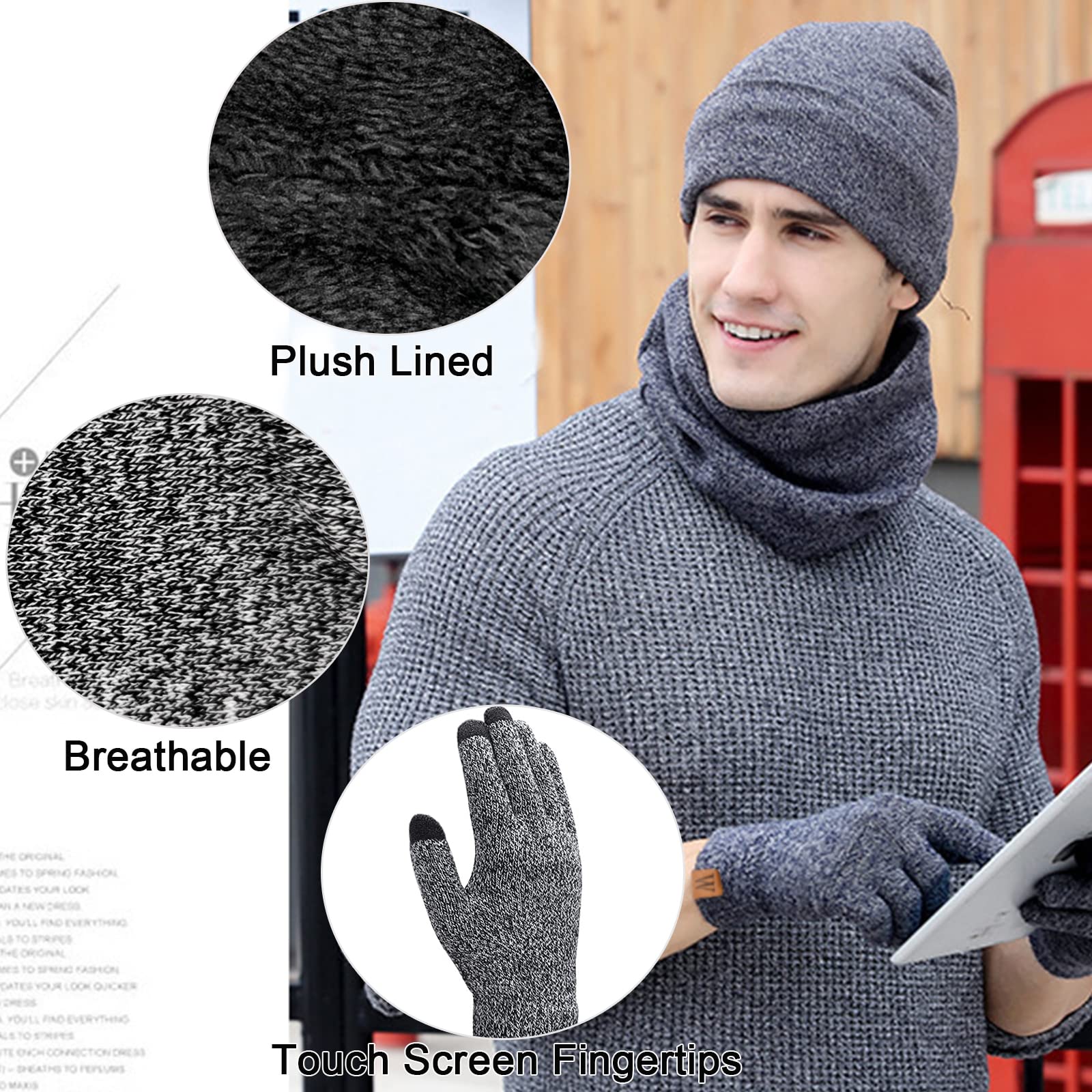 Mens Winter Hat Scarf Gloves 3 in 1, Fleece Lined Thick Warm Beanie Hats Set, Knit Slouchy Skull Caps (Grey)