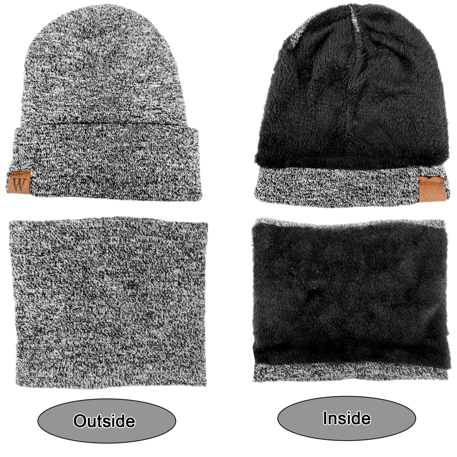 Mens Winter Hat Scarf Gloves 3 in 1, Fleece Lined Thick Warm Beanie Hats Set, Knit Slouchy Skull Caps (Grey)