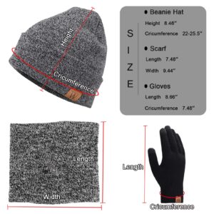 Mens Winter Hat Scarf Gloves 3 in 1, Fleece Lined Thick Warm Beanie Hats Set, Knit Slouchy Skull Caps (Grey)