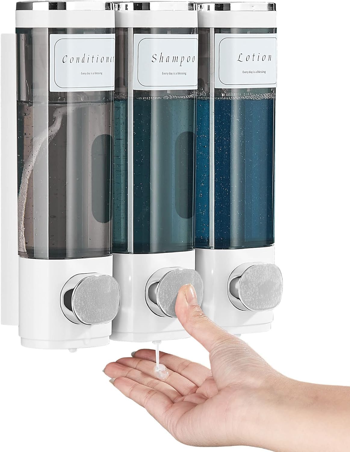 3 in 1 Shampoo and Conditioner Dispenser wall, Shower Dispenser 3 Chamber No Drill, White Bathroom Soap Dispenser and Labels
