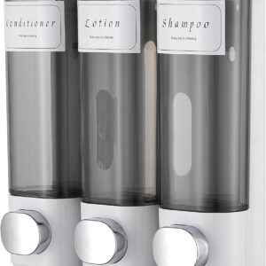 3 in 1 Shampoo and Conditioner Dispenser wall, Shower Dispenser 3 Chamber No Drill, White Bathroom Soap Dispenser and Labels