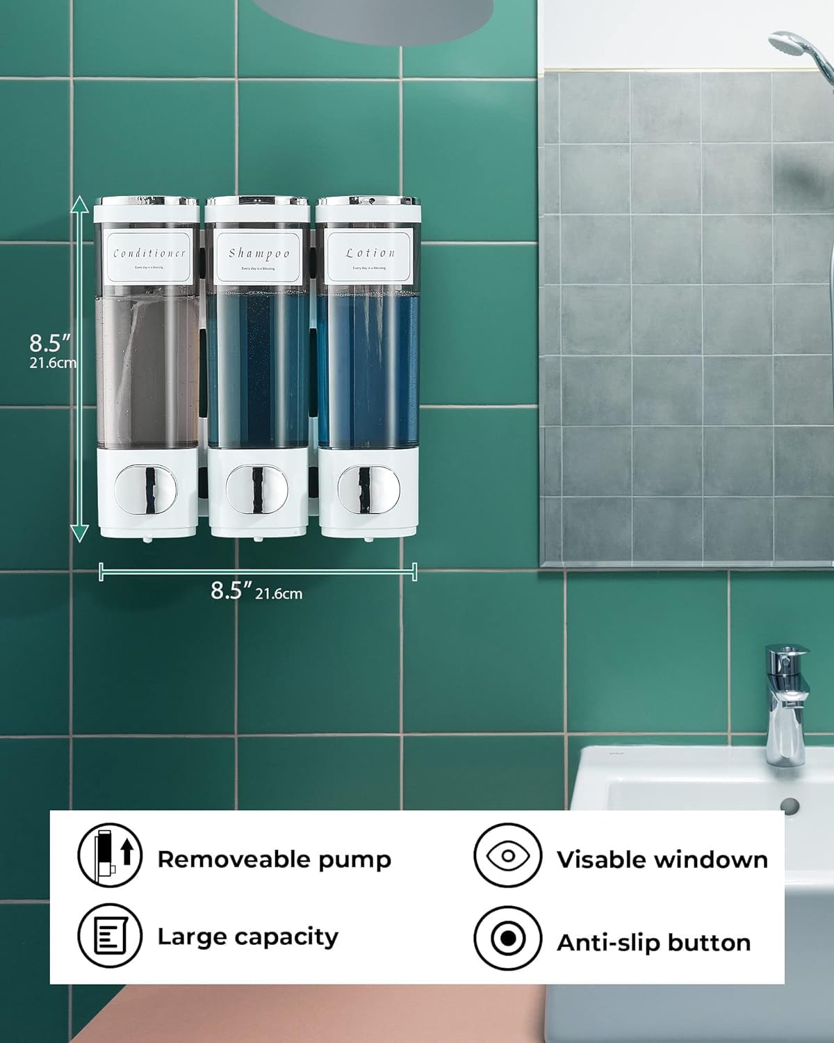 3 in 1 Shampoo and Conditioner Dispenser wall, Shower Dispenser 3 Chamber No Drill, White Bathroom Soap Dispenser and Labels