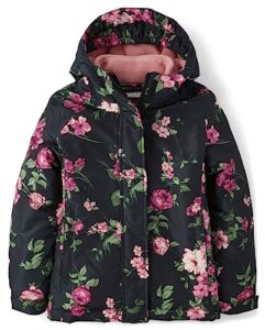 the children's place girls' heavy 3 in 1 winter jacket, wind water-resistant shell, fleece inner, kelly floral_black | lotus flower, medium