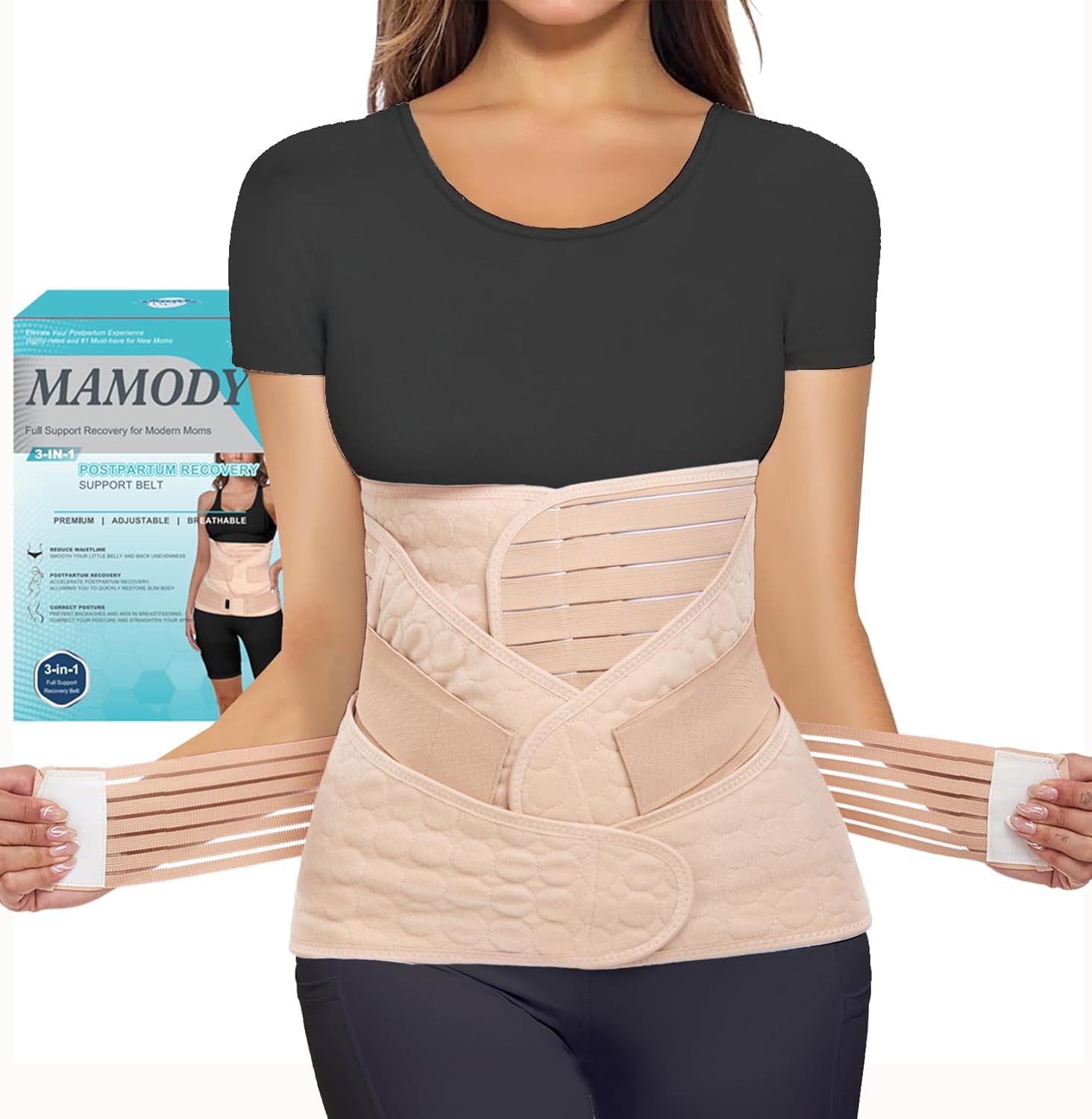 MAMODY 3 in 1 Postpartum Belly Wrap Postpartum Belly Band Support Recovery Belt, After Birth Brace, Body Shaper Waist Shapewear (XL, Classic Beige)