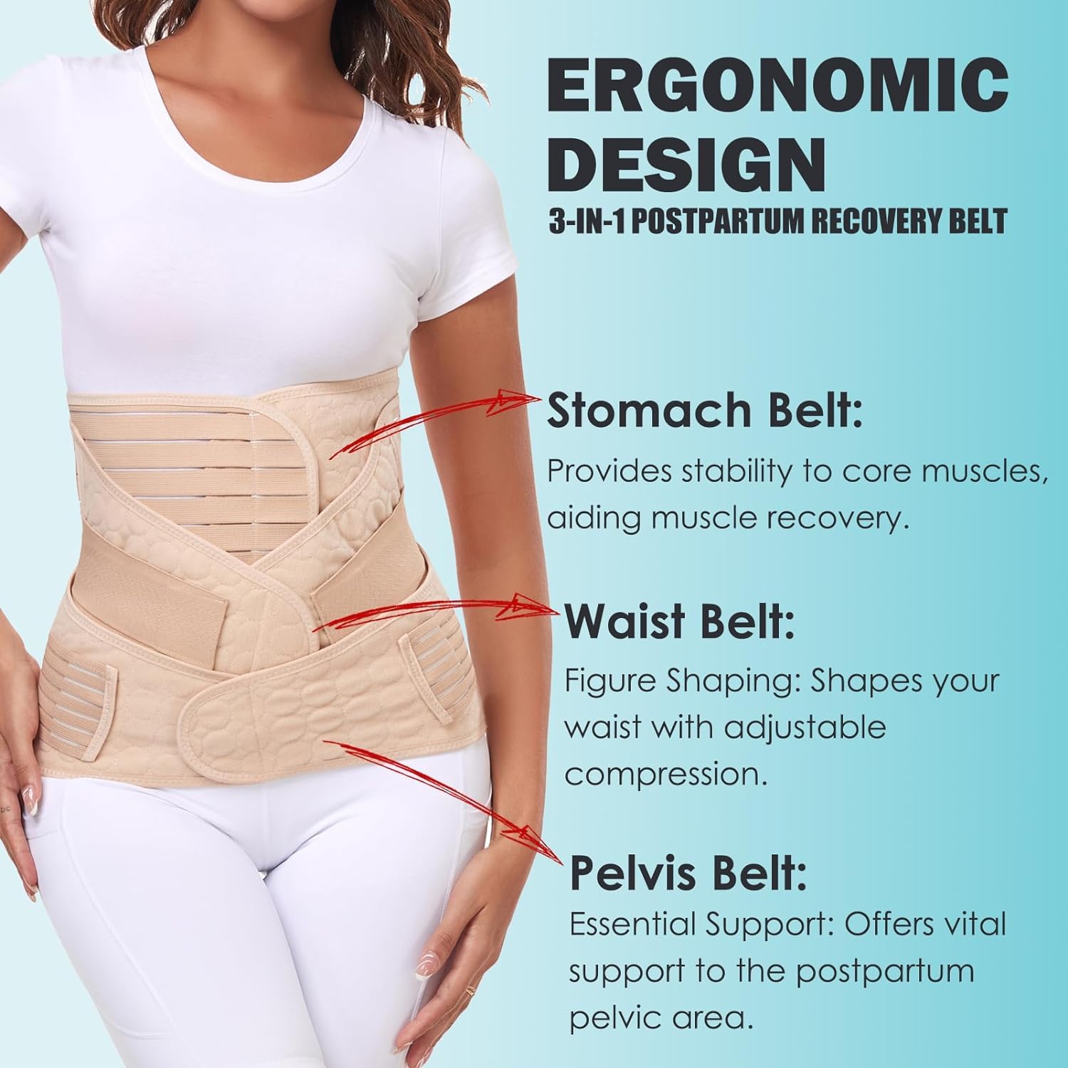 MAMODY 3 in 1 Postpartum Belly Wrap Postpartum Belly Band Support Recovery Belt, After Birth Brace, Body Shaper Waist Shapewear (XL, Classic Beige)