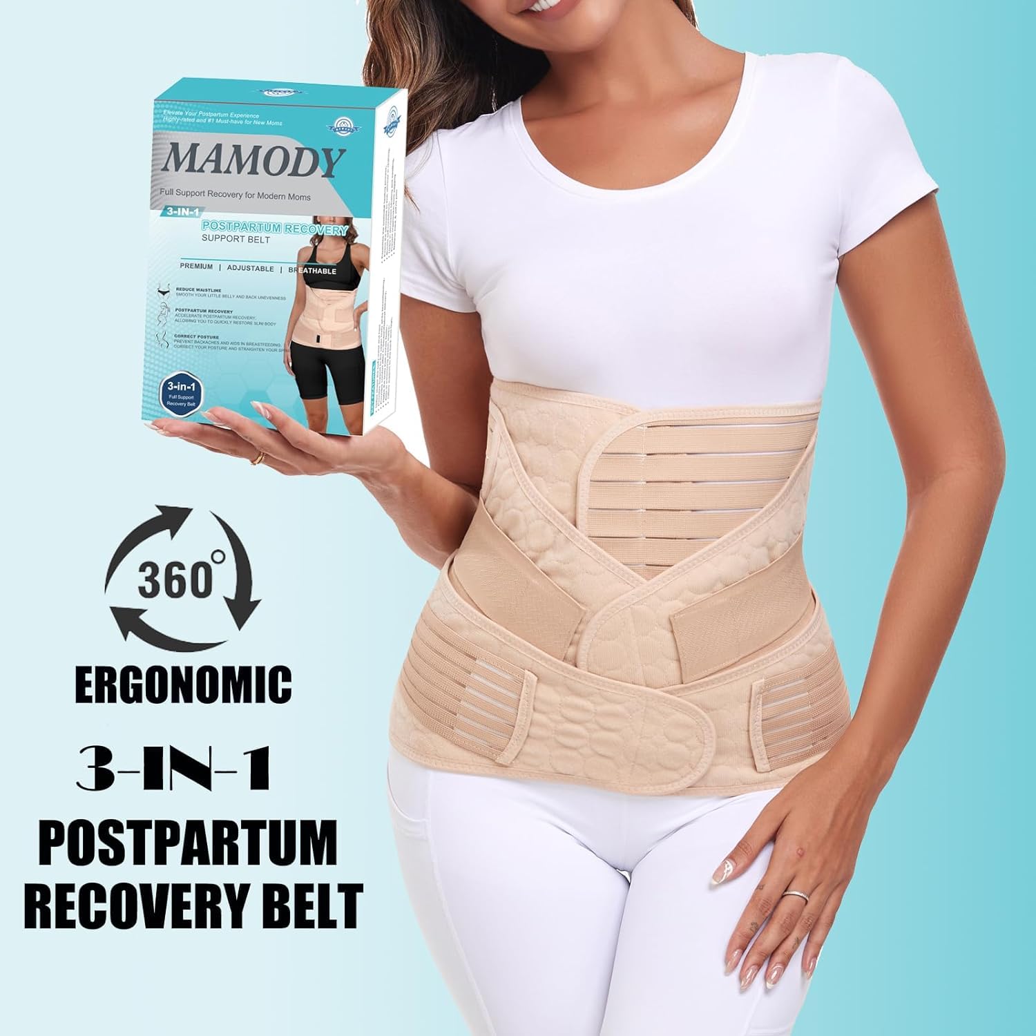 MAMODY 3 in 1 Postpartum Belly Wrap Postpartum Belly Band Support Recovery Belt, After Birth Brace, Body Shaper Waist Shapewear (XL, Classic Beige)