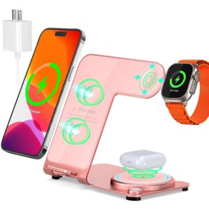 malfsaier 3 in 1 charging station pink,aluminum alloy multiple fast wireless charger stand for iphone 15/14/13/12/11/pro/max/xs/xr/x/8/plus, for apple watch 7/6/5/4/3/2/se, for airpods 3/2/pro