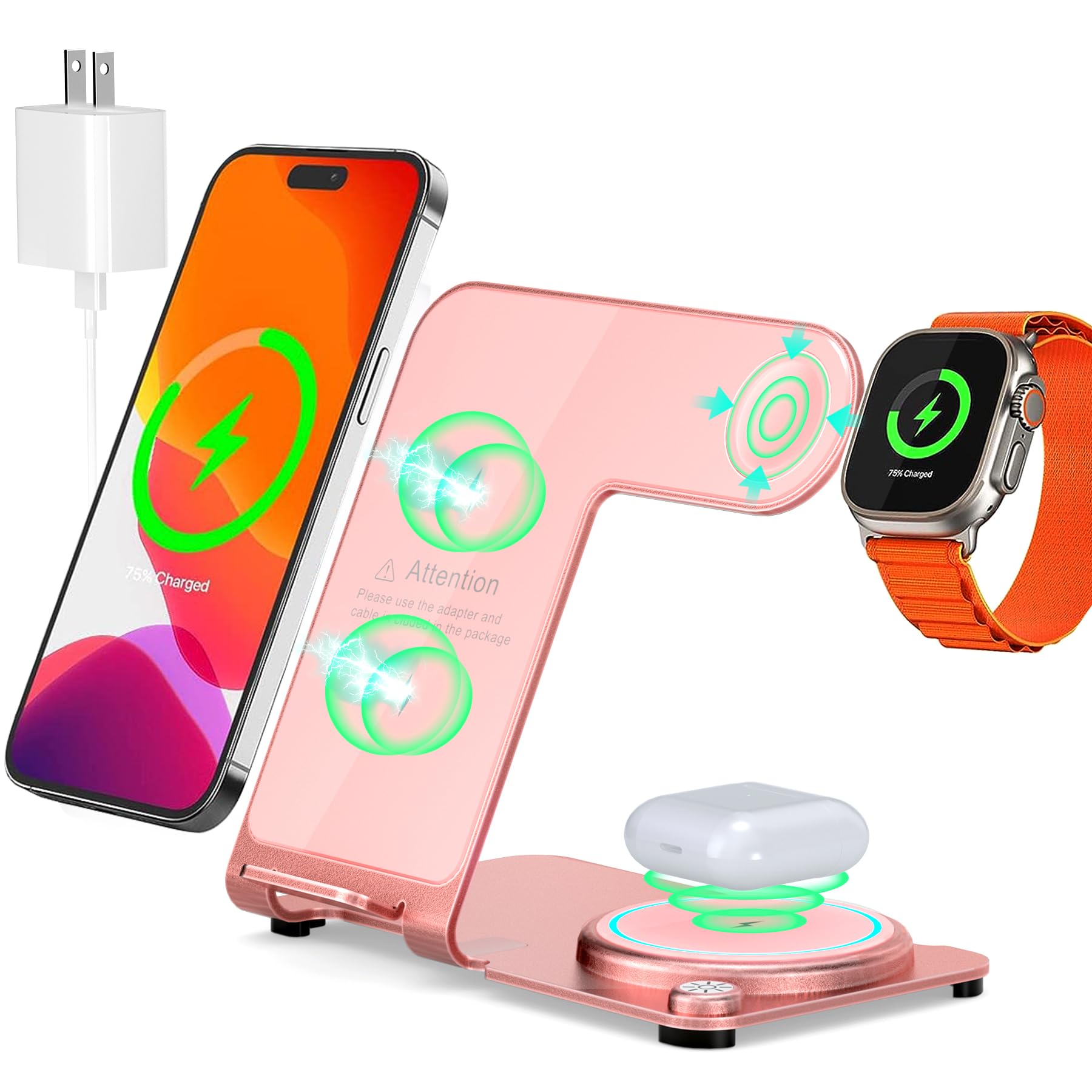 Malfsaier 3 in 1 Charging Station Pink,Aluminum Alloy Multiple Fast Wireless Charger Stand for iPhone 15/14/13/12/11/Pro/Max/XS/XR/X/8/Plus, for Apple Watch 7/6/5/4/3/2/SE, for AirPods 3/2/Pro