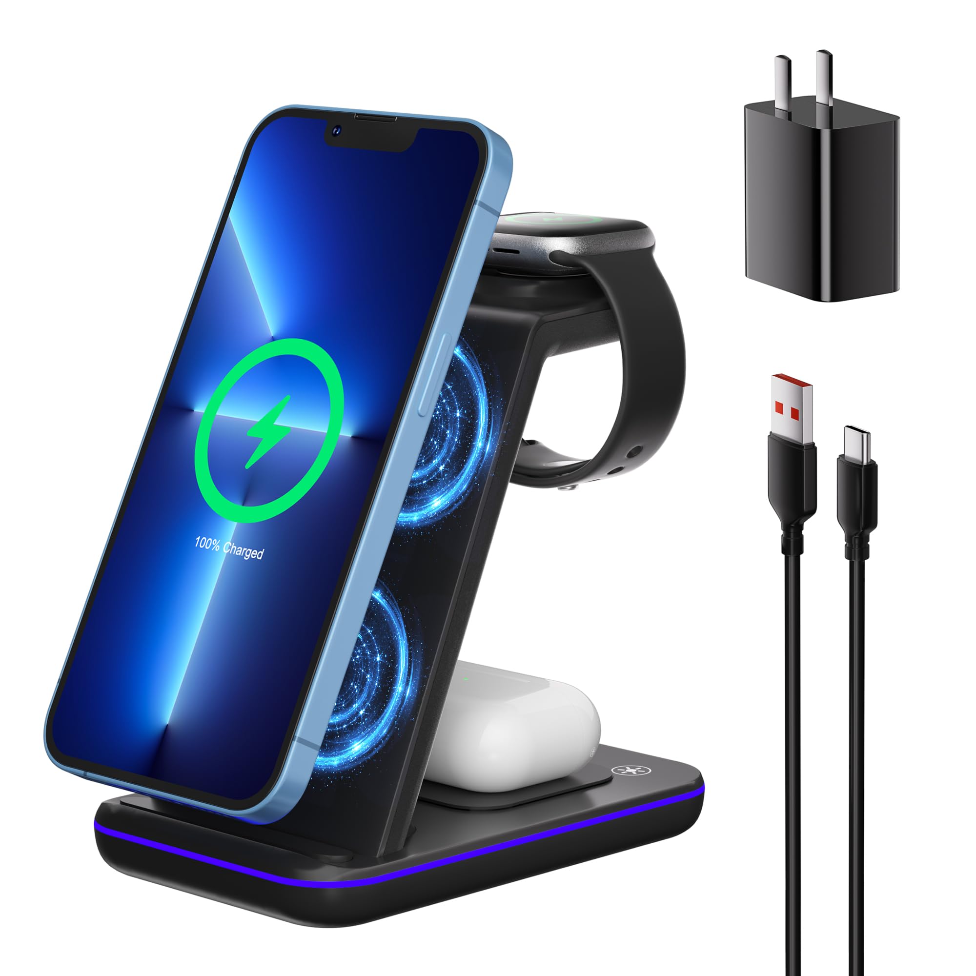 Wireless Charging Station, 3 in 1 Fast Wireless Charger for iPhone 15/14/13/12/11 Series/SE/XS/XS Max/XR/X/8/8 Plus, Charging Stand for Apple Watch SE/8/7/6/5/4/3/2/Ultra and AirPods Pro/3/2