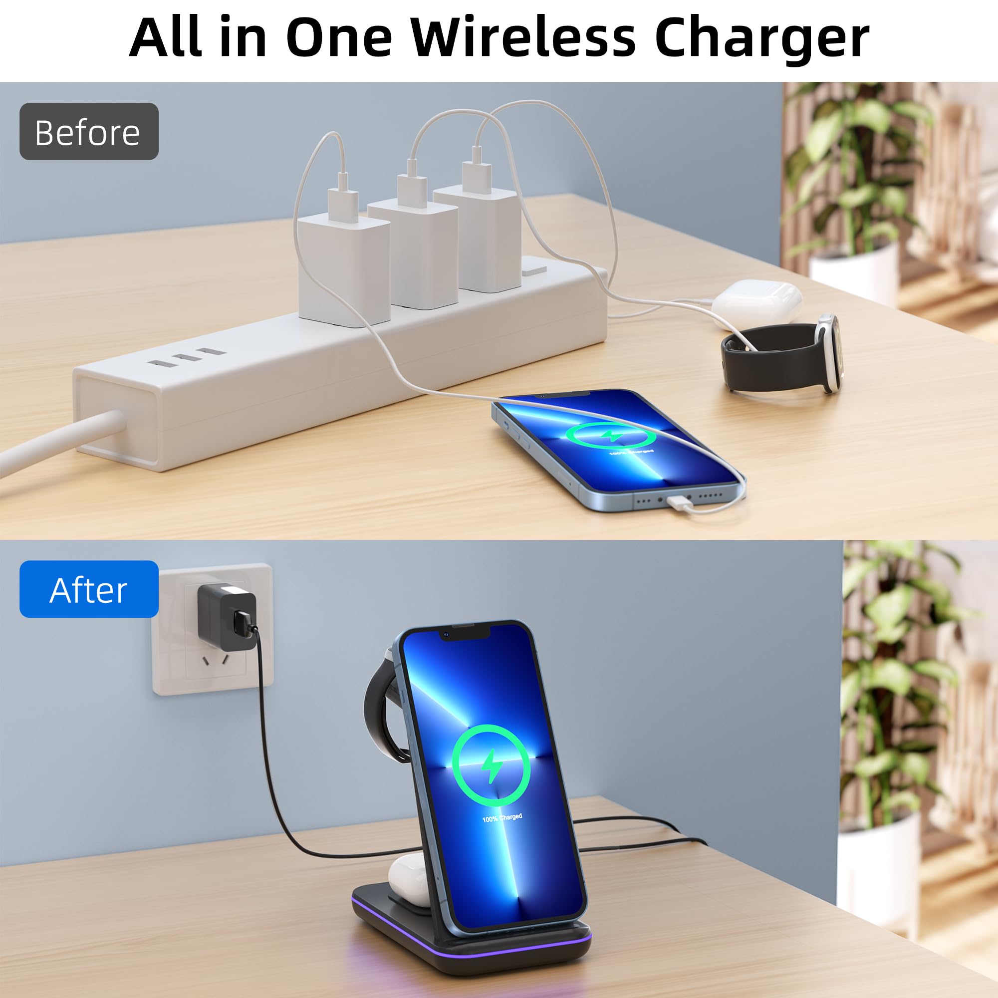 Wireless Charging Station, 3 in 1 Fast Wireless Charger for iPhone 15/14/13/12/11 Series/SE/XS/XS Max/XR/X/8/8 Plus, Charging Stand for Apple Watch SE/8/7/6/5/4/3/2/Ultra and AirPods Pro/3/2