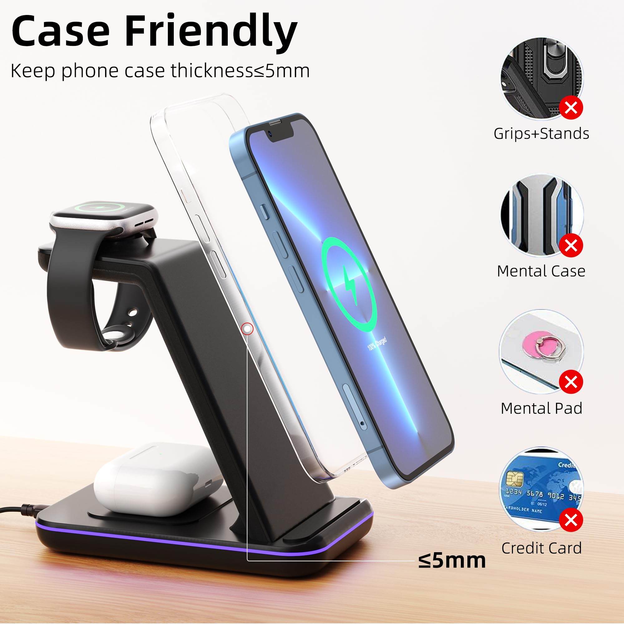 Wireless Charging Station, 3 in 1 Fast Wireless Charger for iPhone 15/14/13/12/11 Series/SE/XS/XS Max/XR/X/8/8 Plus, Charging Stand for Apple Watch SE/8/7/6/5/4/3/2/Ultra and AirPods Pro/3/2