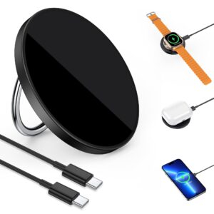 RORRY 3 in 1 Magnetic Wireless Charger,15W Fast Charging Pad Phone Ring Holder,Μαg-Sαfe/Qi Wireless Charger Compatible with iPhone 15/14/13/12, Apple Watch 9/Ultra2/8/Ultra/7/6/5/4/3/SE,(Black)