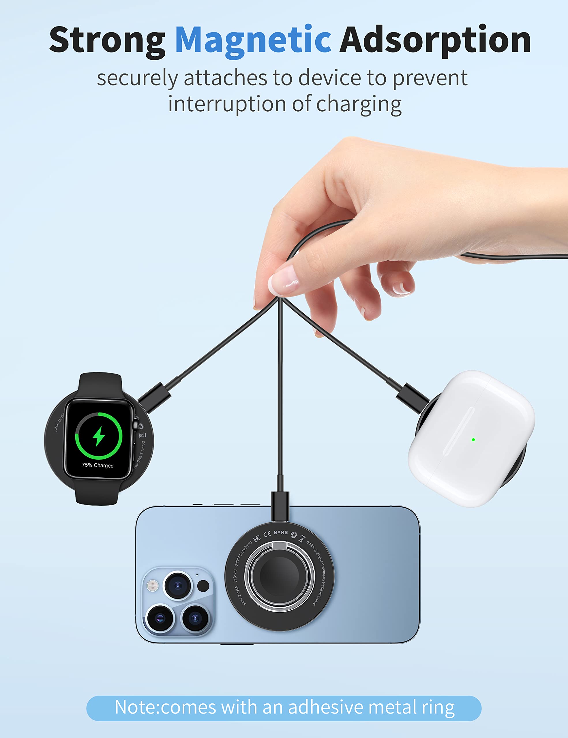 RORRY 3 in 1 Magnetic Wireless Charger,15W Fast Charging Pad Phone Ring Holder,Μαg-Sαfe/Qi Wireless Charger Compatible with iPhone 15/14/13/12, Apple Watch 9/Ultra2/8/Ultra/7/6/5/4/3/SE,(Black)