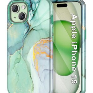 Btscase for iPhone 15 Case 6.1 inch (2023), Marble Pattern 3 in 1 Heavy Duty Shockproof Full Body Hard PC+Soft Silicone Drop Protective Women Girls Cover for iPhone 15, Green