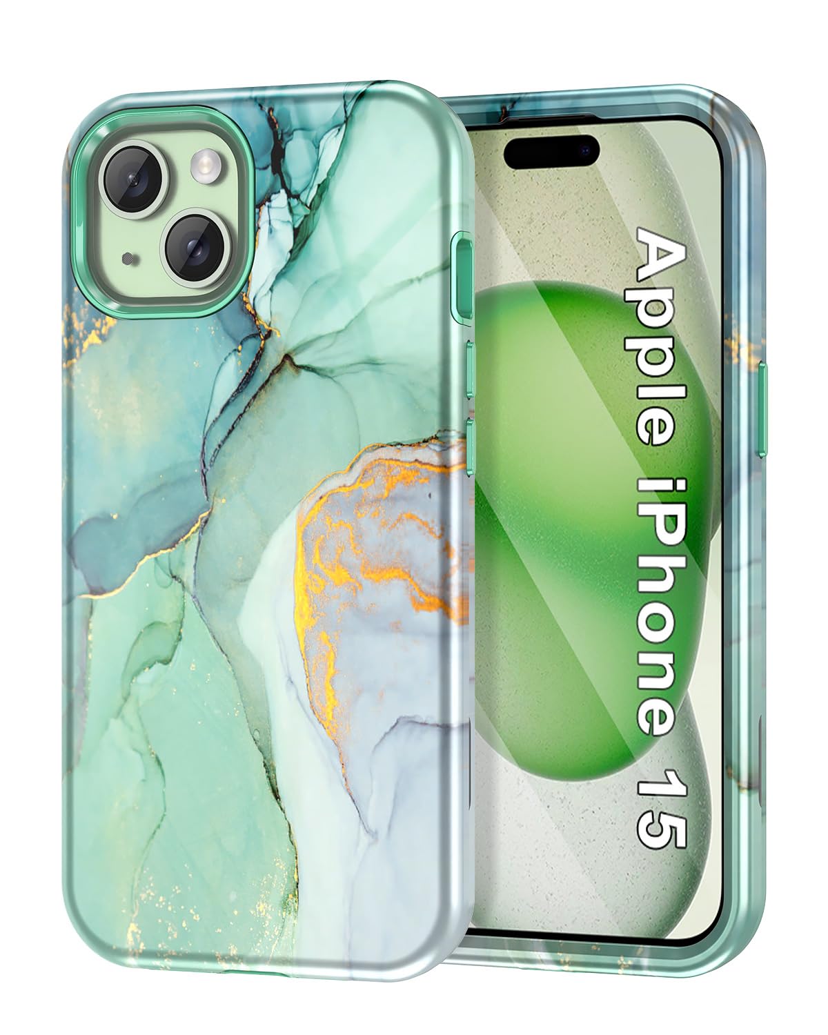 Btscase for iPhone 15 Case 6.1 inch (2023), Marble Pattern 3 in 1 Heavy Duty Shockproof Full Body Hard PC+Soft Silicone Drop Protective Women Girls Cover for iPhone 15, Green