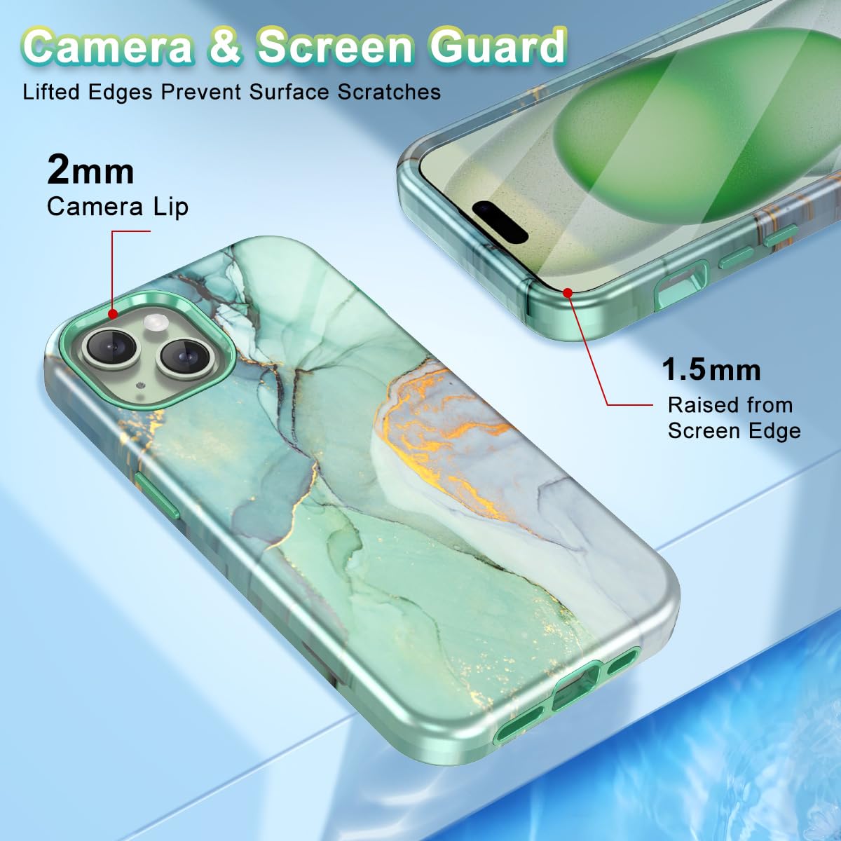 Btscase for iPhone 15 Case 6.1 inch (2023), Marble Pattern 3 in 1 Heavy Duty Shockproof Full Body Hard PC+Soft Silicone Drop Protective Women Girls Cover for iPhone 15, Green