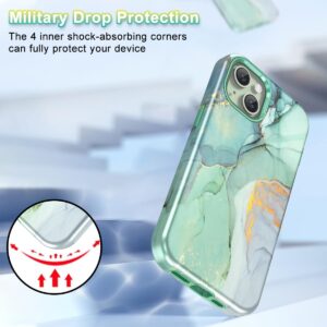 Btscase for iPhone 15 Case 6.1 inch (2023), Marble Pattern 3 in 1 Heavy Duty Shockproof Full Body Hard PC+Soft Silicone Drop Protective Women Girls Cover for iPhone 15, Green