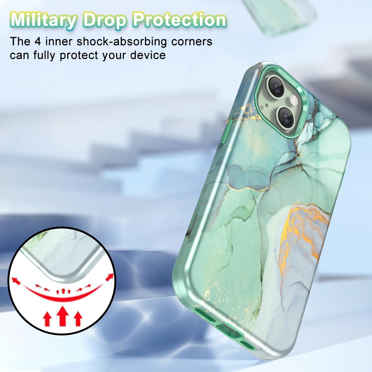 Btscase for iPhone 15 Case 6.1 inch (2023), Marble Pattern 3 in 1 Heavy Duty Shockproof Full Body Hard PC+Soft Silicone Drop Protective Women Girls Cover for iPhone 15, Green