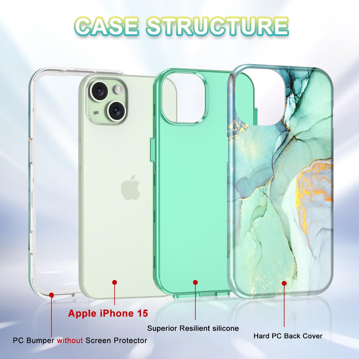 Btscase for iPhone 15 Case 6.1 inch (2023), Marble Pattern 3 in 1 Heavy Duty Shockproof Full Body Hard PC+Soft Silicone Drop Protective Women Girls Cover for iPhone 15, Green