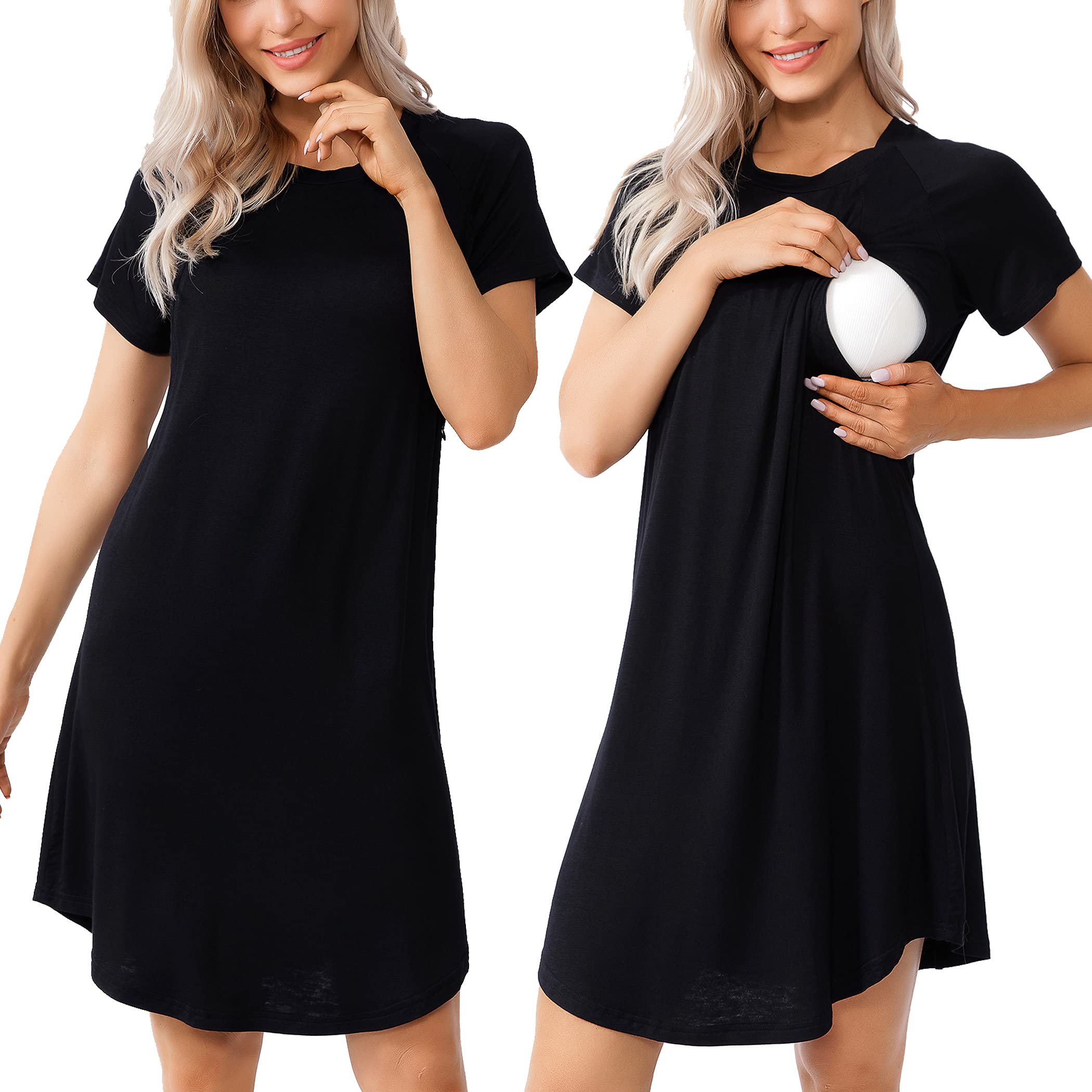 WoMear Women Sleepshirts 3 in 1 Delivery/Labor/Maternity/Nursing Nightgown Short Sleeve Breastfeeding Sleep Dress Pure Black L