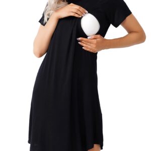 WoMear Women Sleepshirts 3 in 1 Delivery/Labor/Maternity/Nursing Nightgown Short Sleeve Breastfeeding Sleep Dress Pure Black L