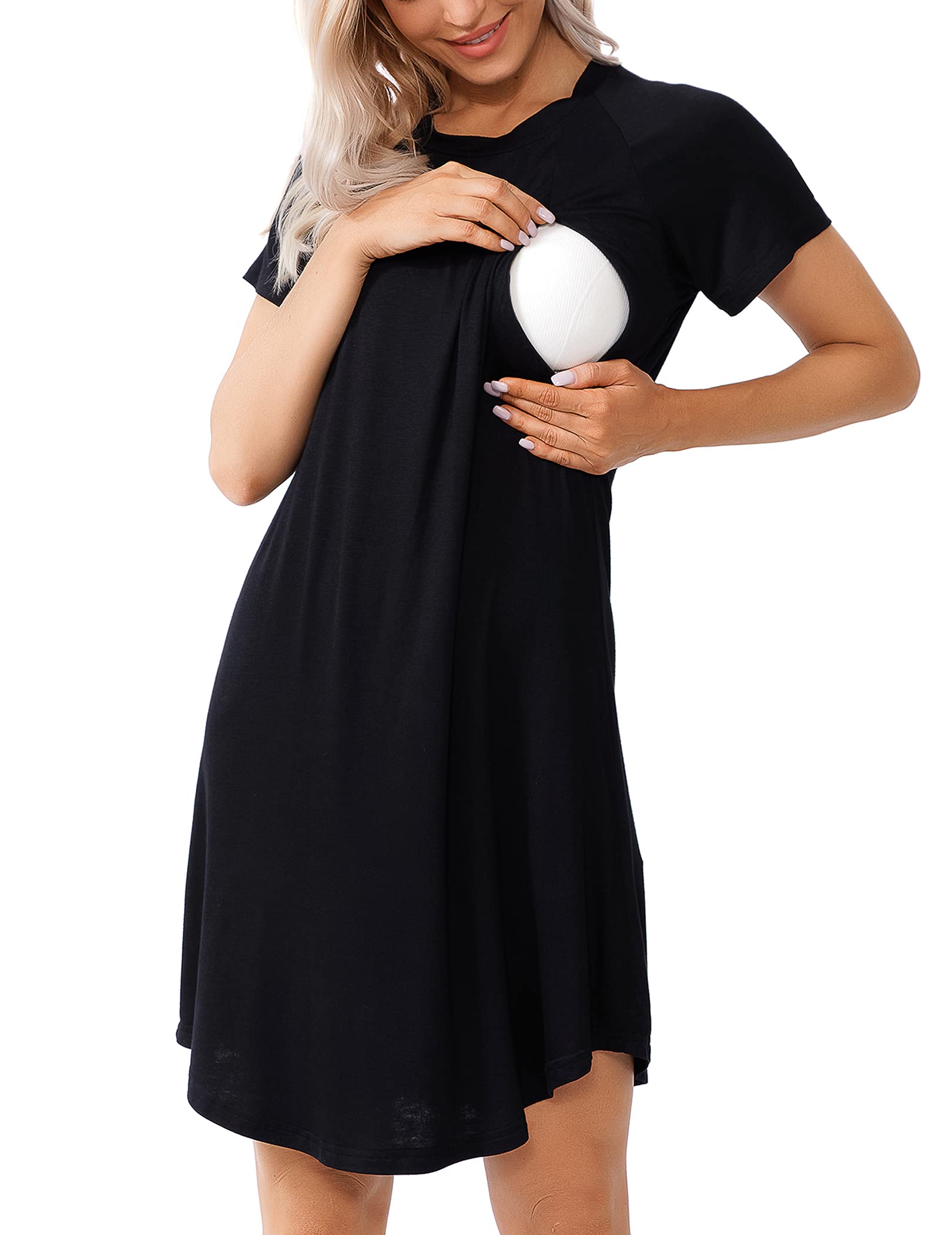 WoMear Women Sleepshirts 3 in 1 Delivery/Labor/Maternity/Nursing Nightgown Short Sleeve Breastfeeding Sleep Dress Pure Black L