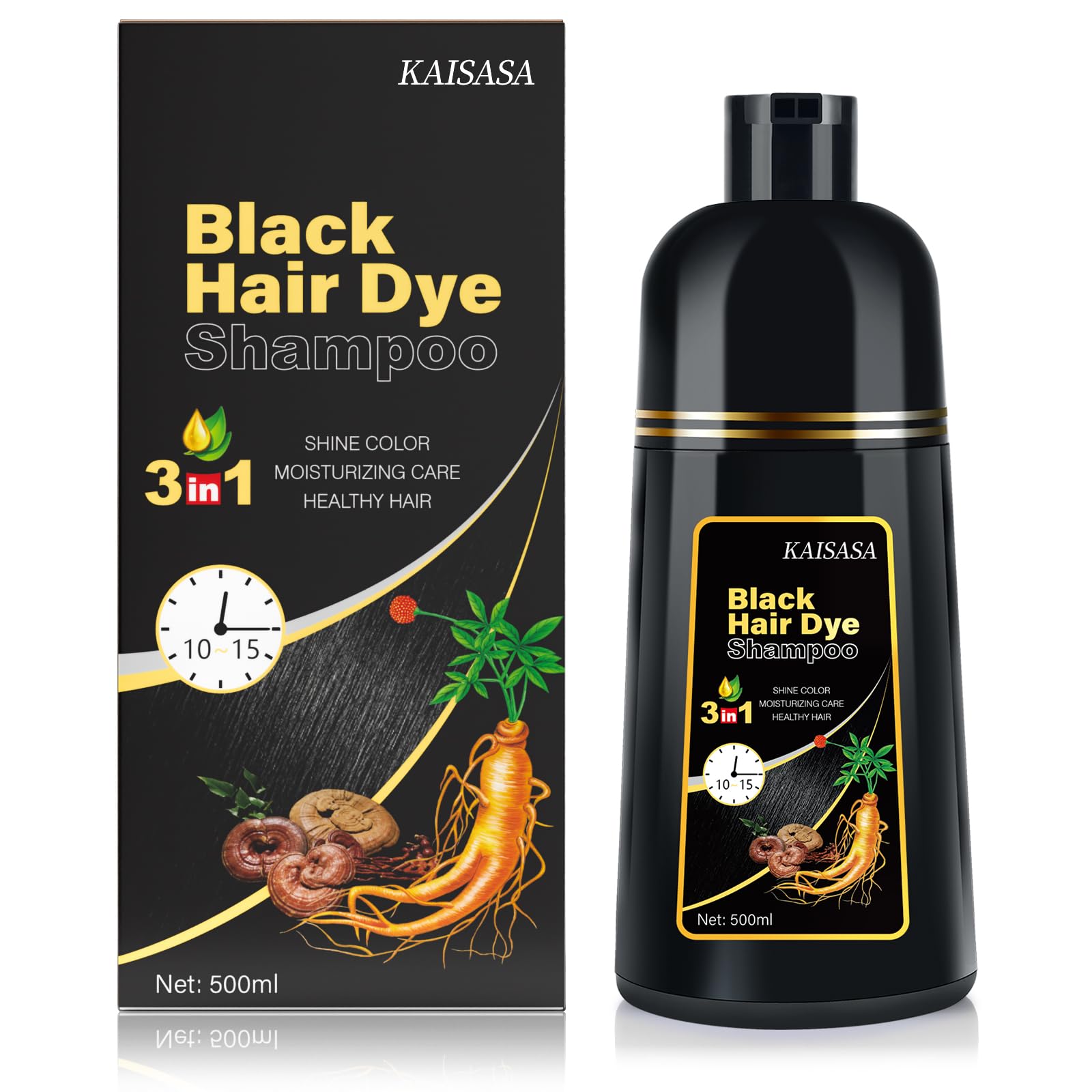 KINGMING Black Hair Dye Shampoo 3 in 1 for Gray Hair, Hair Color Shampoo for Women Men Grey Hair Coverage, Herbal Ingredients Champu Con Tinte Para Canas 500ml (Black)