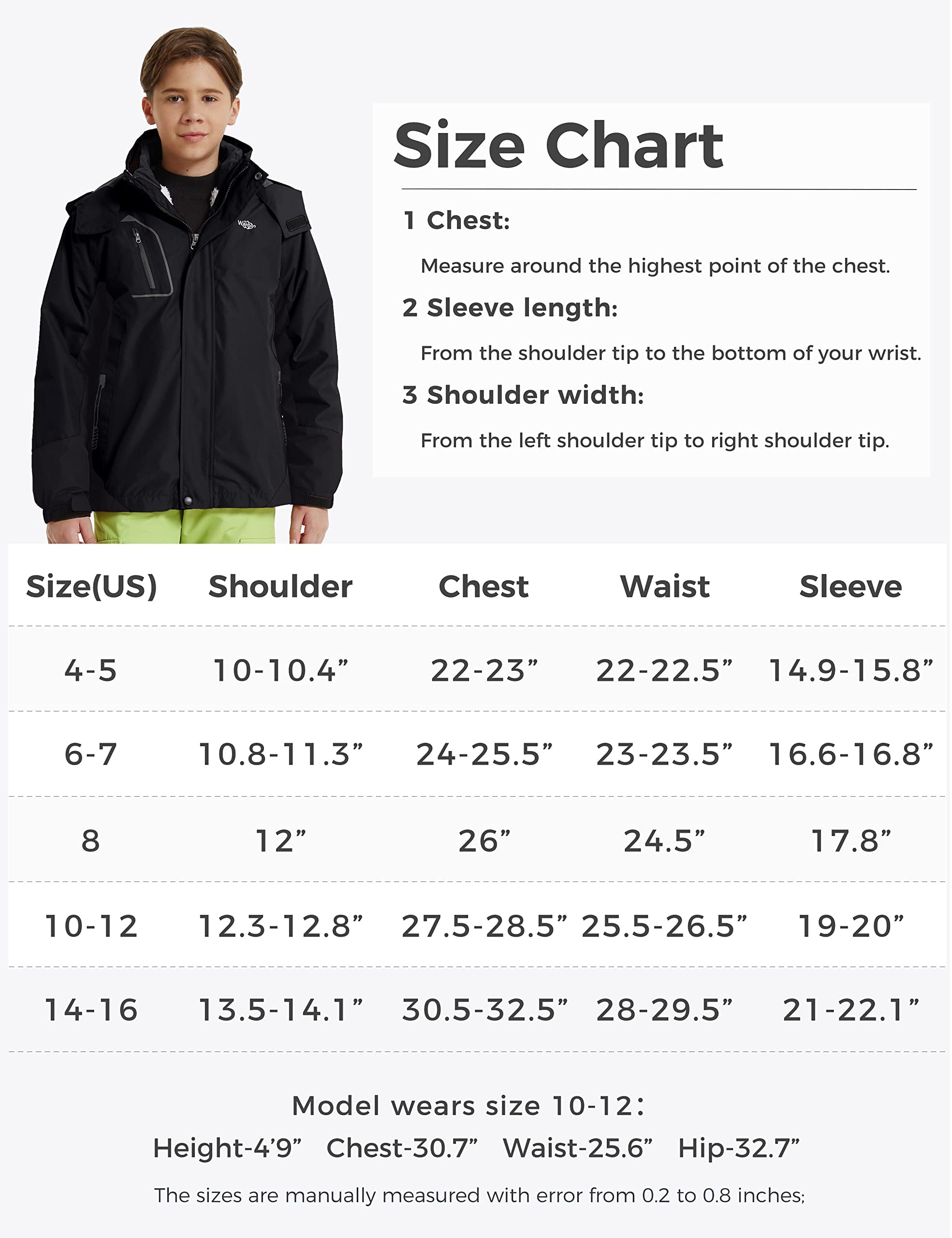 wantdo Kids Boys' 3 in 1 Snowboard Jacket Hooded Warm Winter Coat Fleece-Lined Waterproof Black 10-12