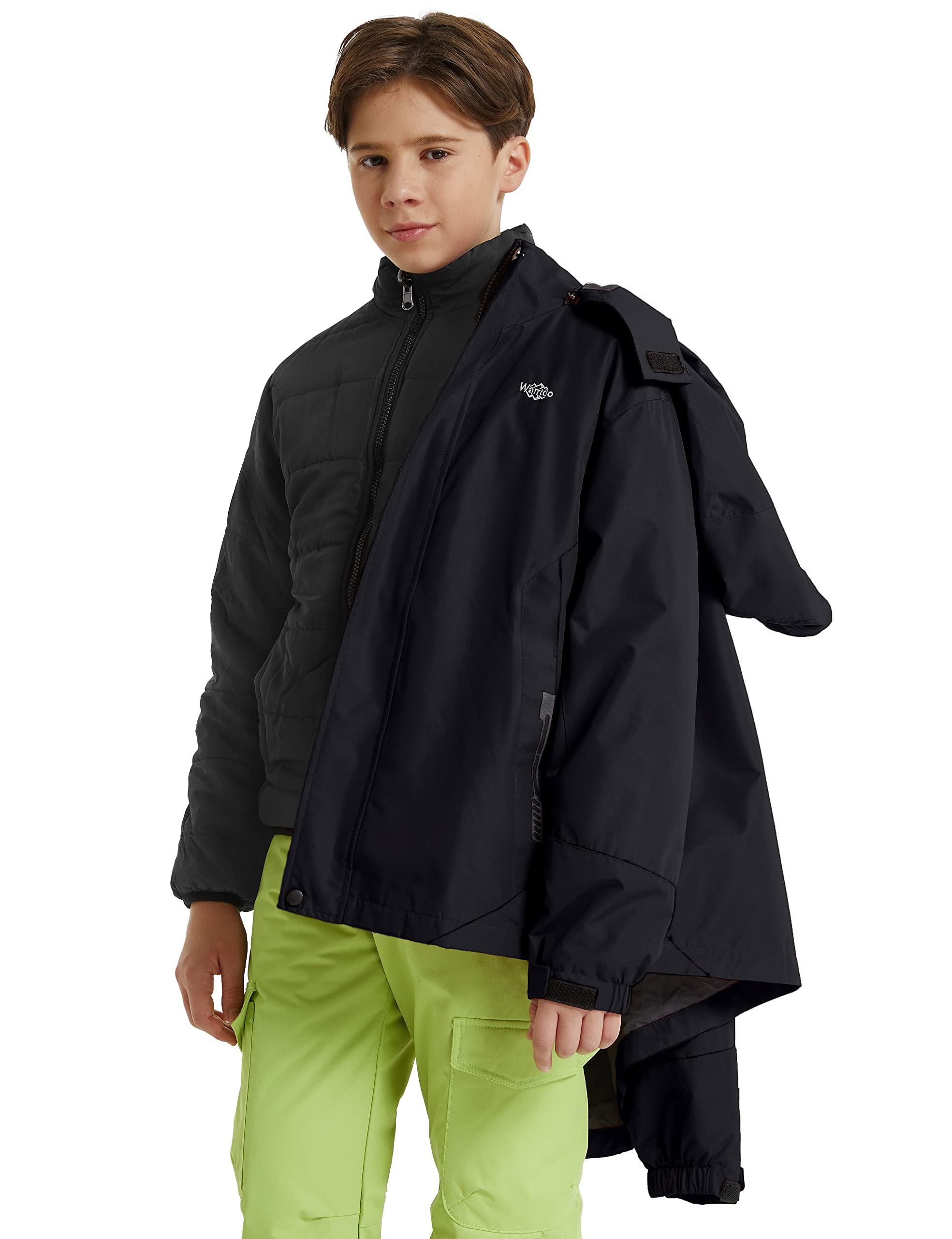 wantdo Kids Boys' 3 in 1 Snowboard Jacket Hooded Warm Winter Coat Fleece-Lined Waterproof Black 10-12