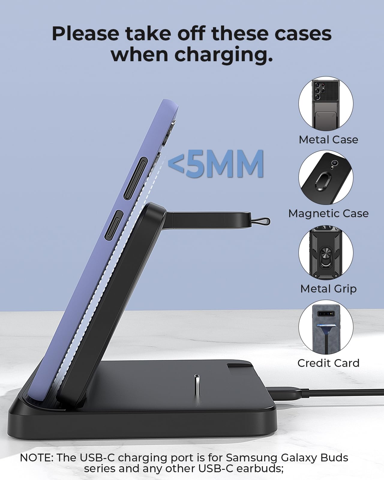 Wireless Charger for Samsung and Android 3 in 1 Foldable Samsung Charging Station for S24/S23 /S22 /S21/S20, Z Fold 5/4/3, Z Flip 5/4/3, Samsung Watch Charger 6 Classic/5/5 Pro/4/3,Galaxy Buds