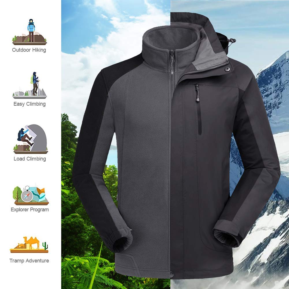 CAMEL CROWN Men’s Ski Jacket 3 in 1 Waterproof Winter Jacket Snow Jacket Windproof Hooded with Inner Warm Fleece Coat Dark Grey