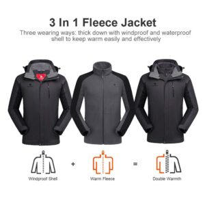 CAMEL CROWN Men’s Ski Jacket 3 in 1 Waterproof Winter Jacket Snow Jacket Windproof Hooded with Inner Warm Fleece Coat Dark Grey