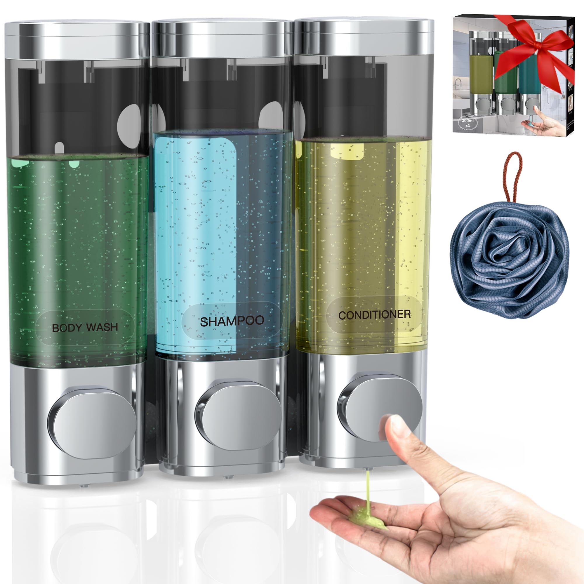 3 in 1 Shower Soap Dispenser, Shampoo and Conditioner Dispenser No Drill, No Leakage soap Dispenser Bathroom, Shower Shampoo Dispenser for Caravans Toilet Bathroom Hotel soap shower dispenser Silver