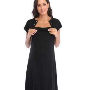 Soanhoo 3 in 1 Nursing Dress Maternity Nightgown Labor/Delivery Breastfeeding Birthing Gown with Button,Black,XL