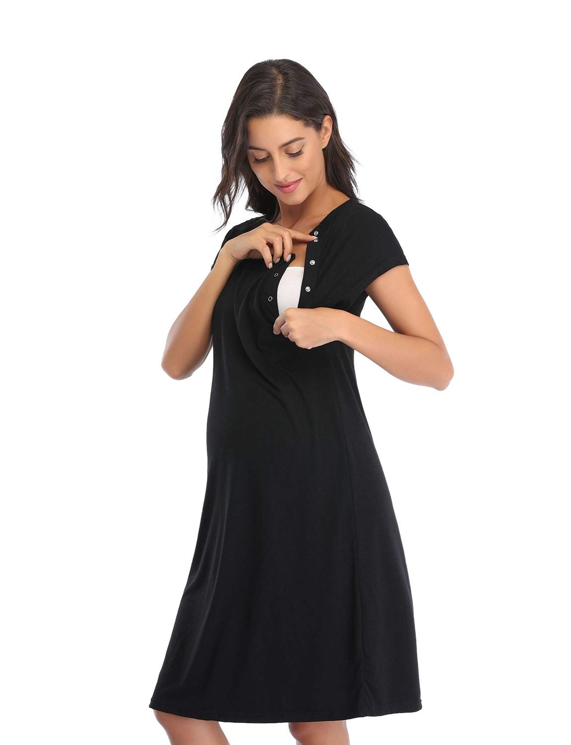 Soanhoo 3 in 1 Nursing Dress Maternity Nightgown Labor/Delivery Breastfeeding Birthing Gown with Button,Black,XL