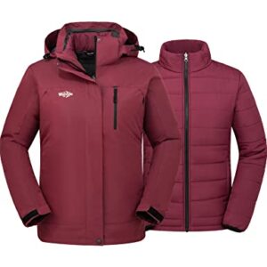 wantdo Women's Waterproof 3 in 1 Ski Jacket Windproof Snowboarding Jackets Rainwear Wine Red 2XL