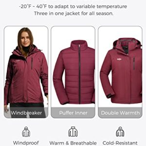 wantdo Women's Waterproof 3 in 1 Ski Jacket Windproof Snowboarding Jackets Rainwear Wine Red 2XL