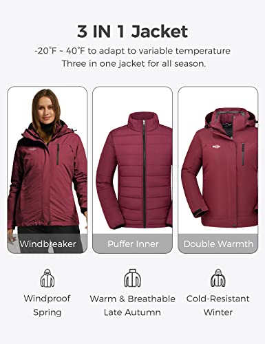 wantdo Women's Waterproof 3 in 1 Ski Jacket Windproof Snowboarding Jackets Rainwear Wine Red 2XL