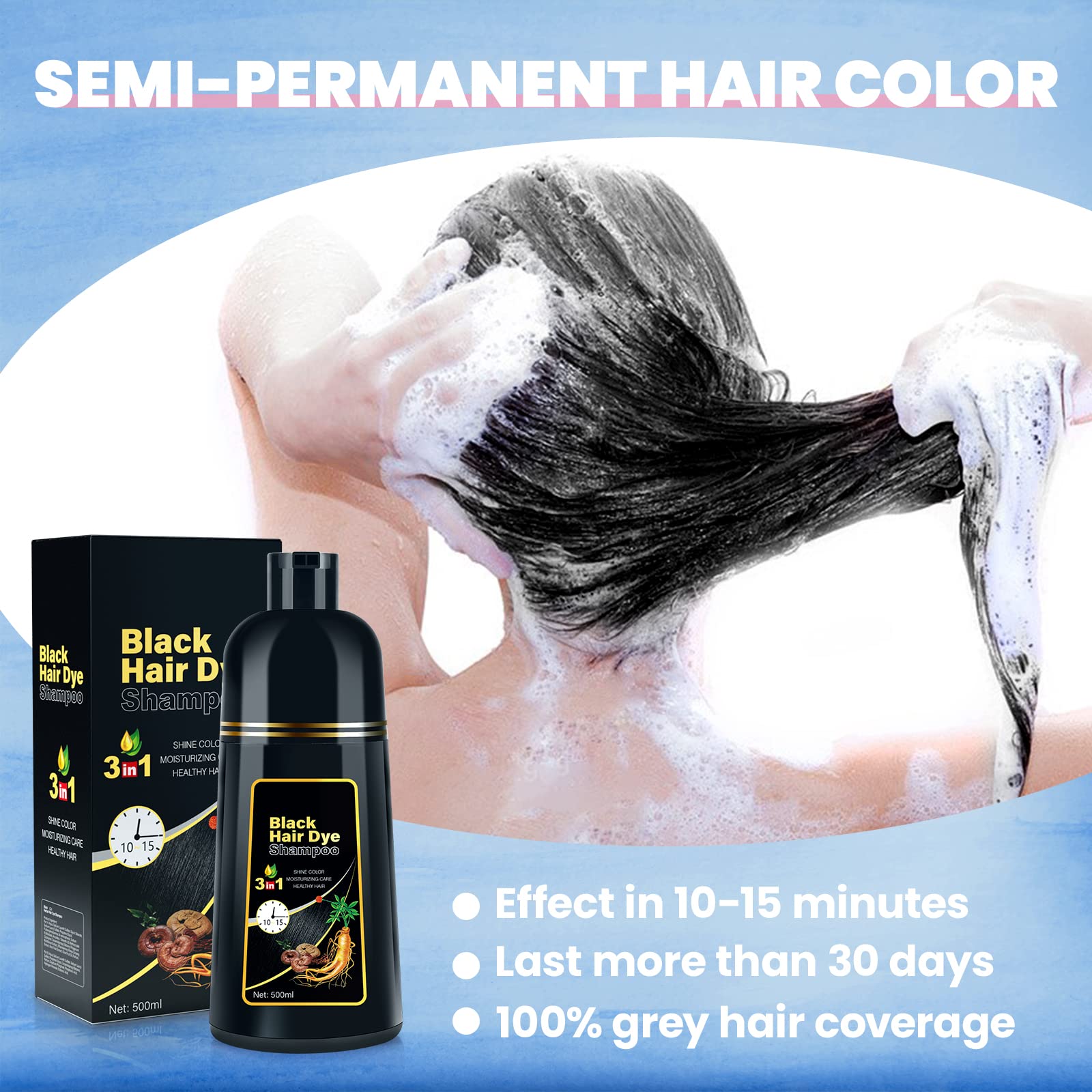 JUANCHI Hair Dye Shampoo 3 in 1 for Gray Hair, Herbal Ingredients Shampoo Hair Dye for Women Men, Grey Coverage Shampoo 500ml (Black)