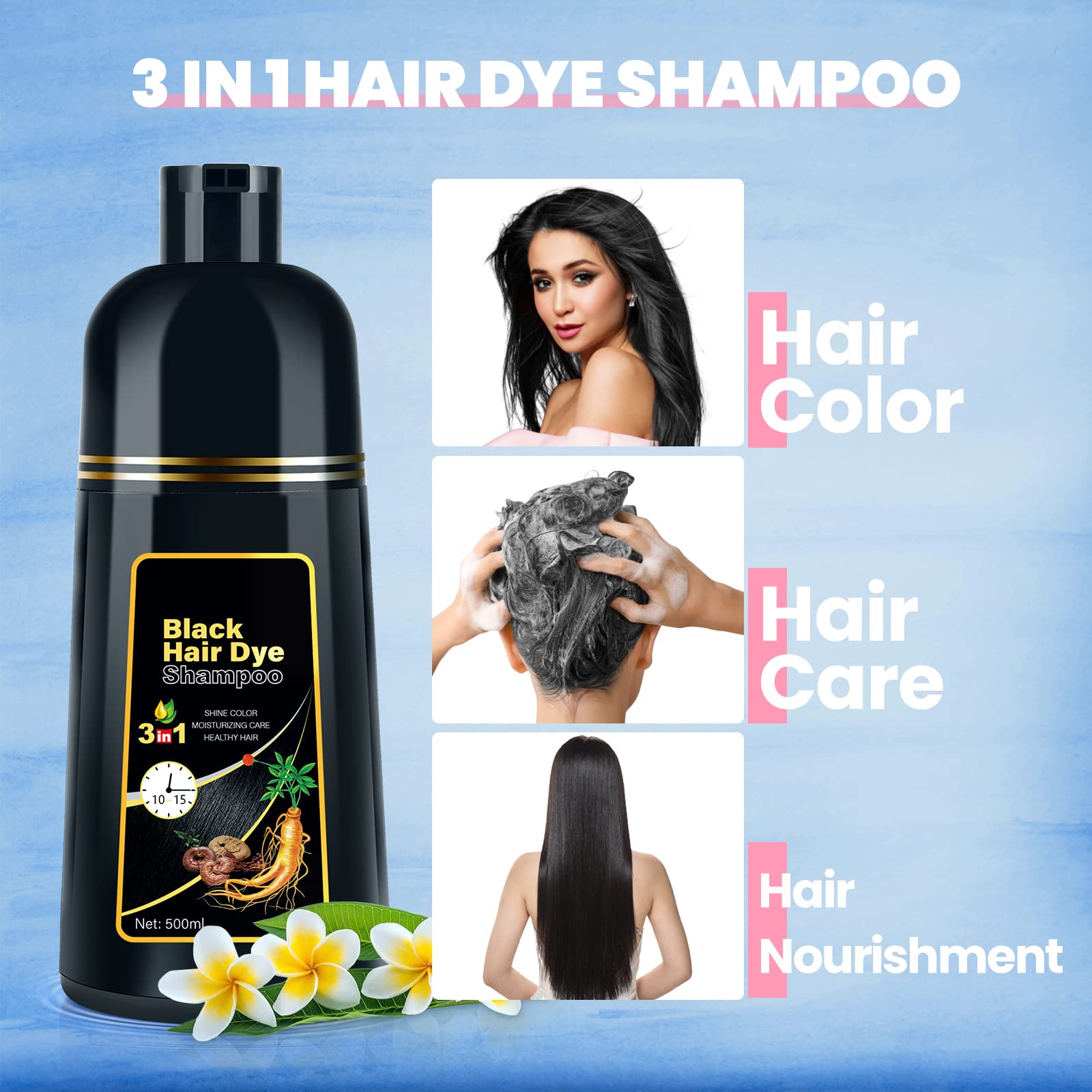 JUANCHI Hair Dye Shampoo 3 in 1 for Gray Hair, Herbal Ingredients Shampoo Hair Dye for Women Men, Grey Coverage Shampoo 500ml (Black)