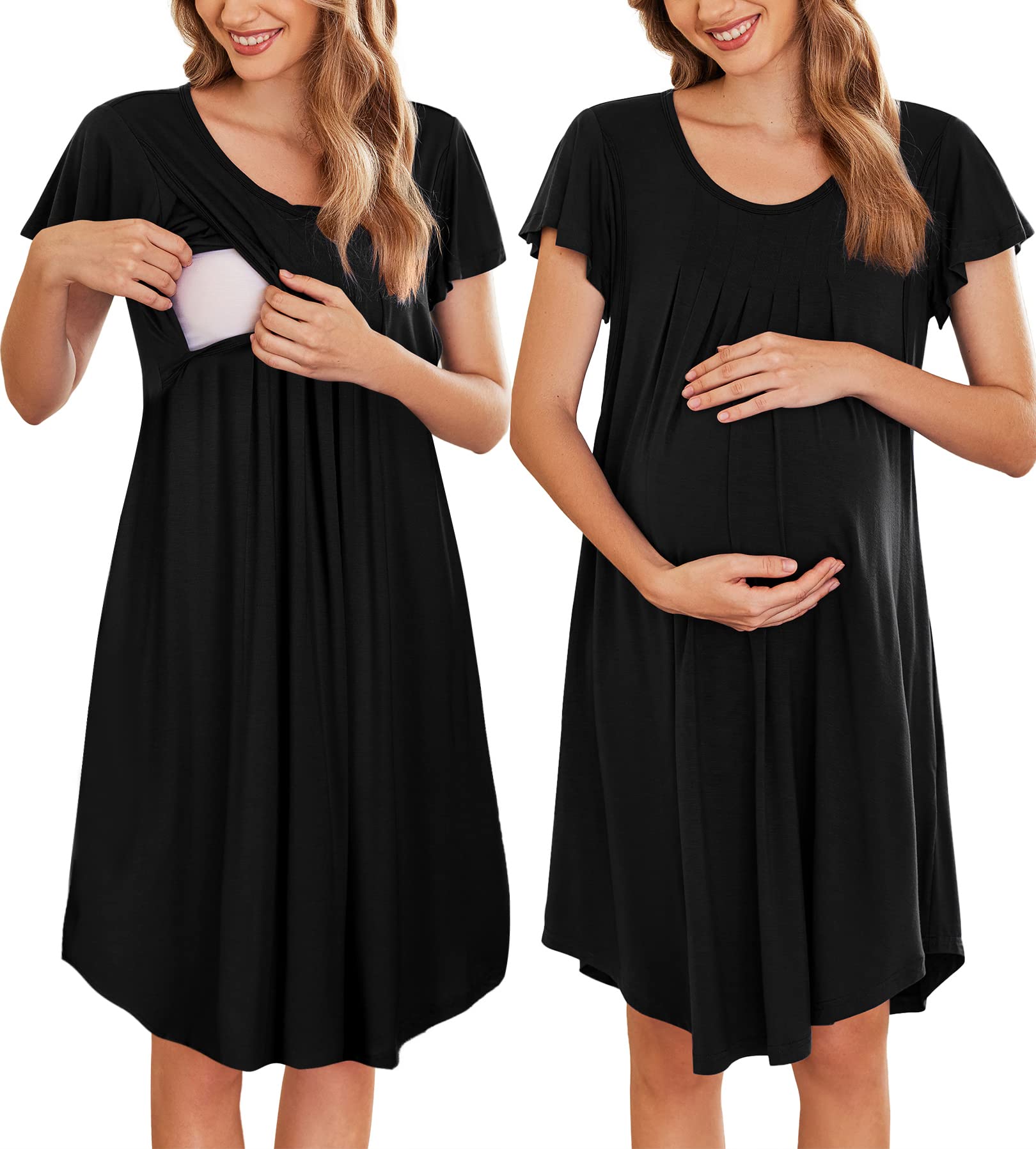 Ekouaer Nursing Nightown Labor and Delivery Gown for Hospital Pleated Breastfeeding Dress for Women Short Sleeve Maternity Sleepwear Black M